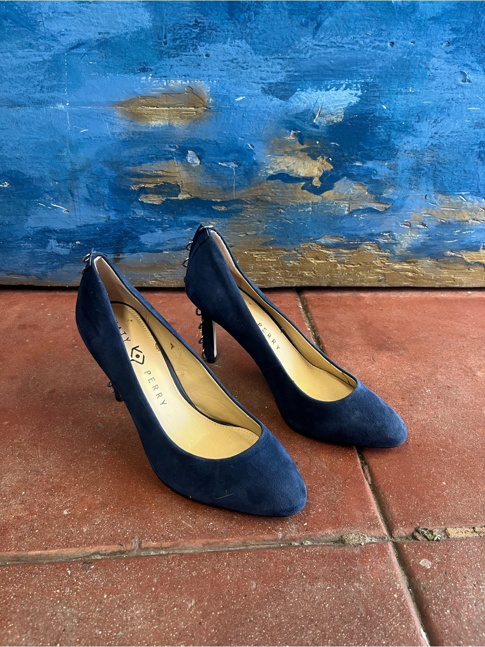 Katy Perry Collections Navy Suede Pointed Toe Heels with Back Bow